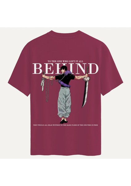 Unisex Bisiklet Yaka %100 Organik Pamuklu Kalın Dokulu Behind Baskılı Oversize T-Shirt - Bordo