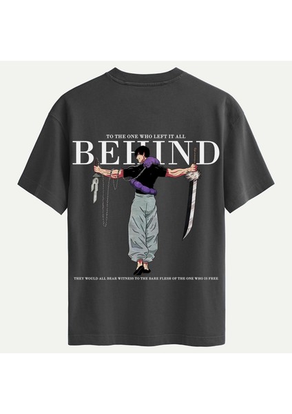 Unisex Bisiklet Yaka %100 Organik Pamuklu Kalın Dokulu Behind Baskılı Oversize T-Shirt - Füme