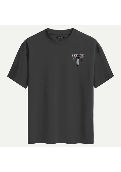 Unisex Bisiklet Yaka %100 Organik Pamuklu Kalın Dokulu Behind Baskılı Oversize T-Shirt - Füme fiyatları