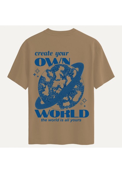 Unisex Bisiklet Yaka %100 Organik Pamuklu Kalın Dokulu Own World Baskılı Oversize T-Shirt - Açık Kahverengi