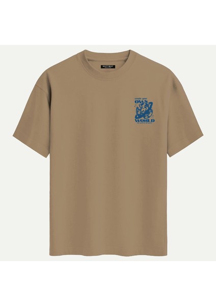 Unisex Bisiklet Yaka %100 Organik Pamuklu Kalın Dokulu Own World Baskılı Oversize T-Shirt - Açık Kahverengi fiyatları