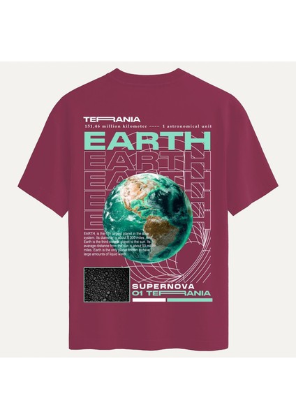 Unisex Bisiklet Yaka %100 Organik Pamuklu Kalın Dokulu Earth Baskılı Oversize T-Shirt - Bordo
