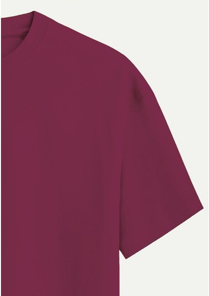 Unisex Bisiklet Yaka %100 Organik Pamuklu Kalın Dokulu Earth Baskılı Oversize T-Shirt - Bordo fırsatları