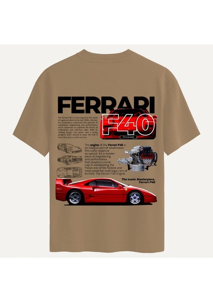 Unisex Bisiklet Yaka %100 Organik Pamuklu Kalın Dokulu Ferrari F40 Baskılı Oversize T-Shirt - Açık Kahverengi