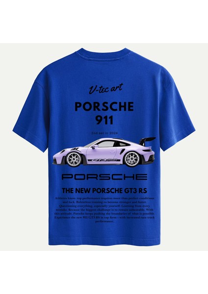 Unisex Bisiklet Yaka %100 Organik Pamuklu Kalın Dokulu Porsche 911 Baskılı Oversize T-Shirt - Saks Mavisi
