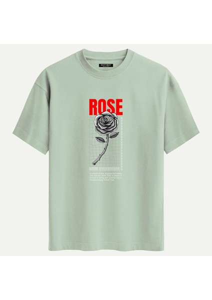 Unisex Bisiklet Yaka %100 Organik Pamuklu Kalın Dokulu Rose Baskılı Oversize T-Shirt - Bej