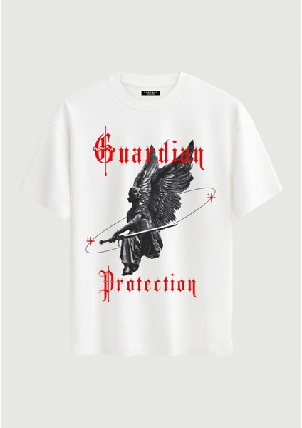 Unisex Bisiklet Yaka %100 Organik Pamuklu Kalın Dokulu Guardian Protection Baskılı Oversize T-Shirt - Beyaz
