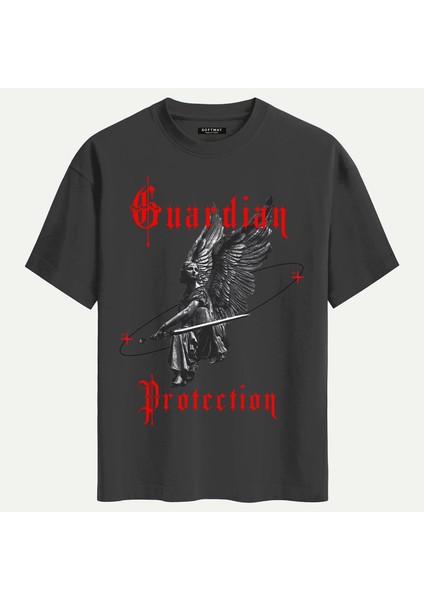 Unisex Bisiklet Yaka %100 Organik Pamuklu Kalın Dokulu Guardian Protection Baskılı Oversize T-Shirt - Füme