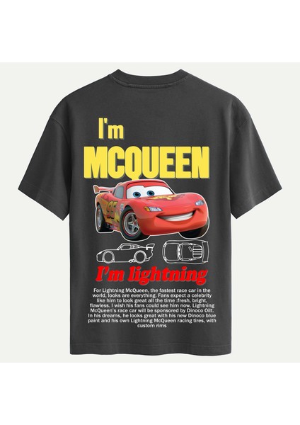 Unisex Bisiklet Yaka %100 Organik Pamuklu Kalın Dokulu Mcqueen Baskılı Oversize T-Shirt - Füme