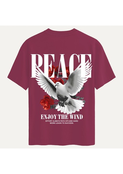 Unisex Bisiklet Yaka %100 Organik Pamuklu Kalın Dokulu Peace Baskılı Oversize T-Shirt - Bordo