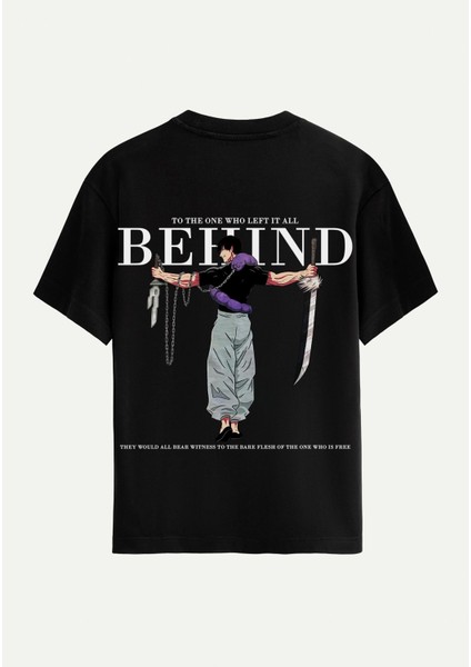 Unisex Bisiklet Yaka %100 Organik Pamuklu Kalın Dokulu Behind Baskılı Oversize T-Shirt - Siyah