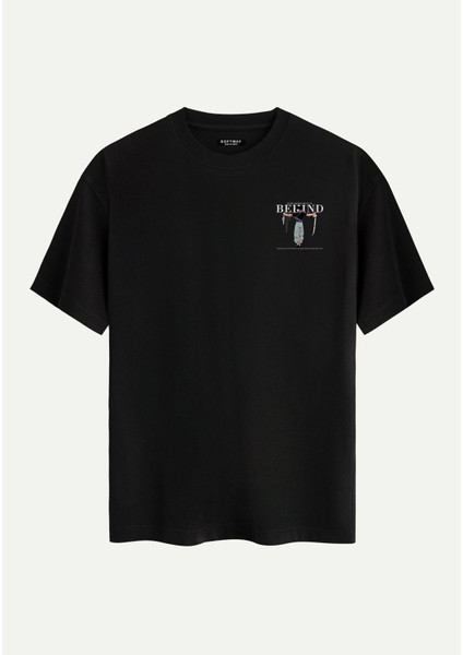 Unisex Bisiklet Yaka %100 Organik Pamuklu Kalın Dokulu Behind Baskılı Oversize T-Shirt - Siyah fiyatları