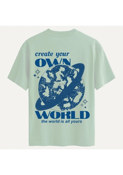Unisex Bisiklet Yaka %100 Organik Pamuklu Kalın Dokulu Own World Baskılı Oversize T-Shirt - Bej