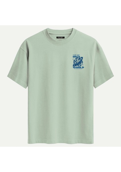 Unisex Bisiklet Yaka %100 Organik Pamuklu Kalın Dokulu Own World Baskılı Oversize T-Shirt - Bej fiyatları