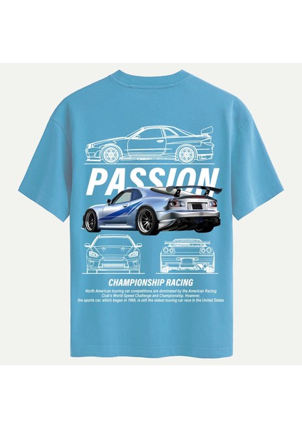 Unisex Bisiklet Yaka %100 Organik Pamuklu Kalın Dokulu Passion Baskılı Oversize T-Shirt - Mavi