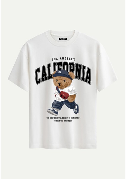 Unisex Bisiklet Yaka %100 Organik Pamuklu Kalın Dokulu California Baskılı Oversize T-Shirt - Ekru