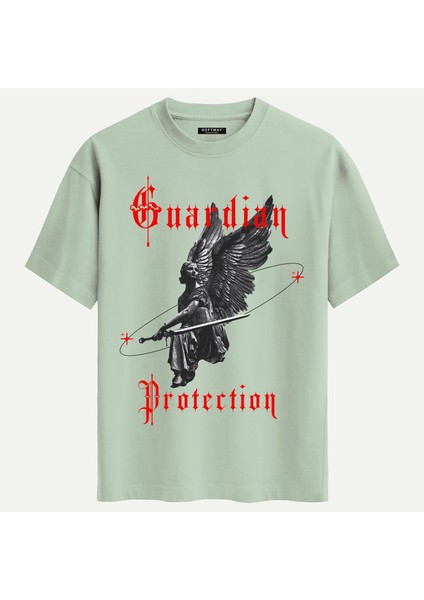 Unisex Bisiklet Yaka %100 Organik Pamuklu Kalın Dokulu Guardian Protection Baskılı Oversize T-Shirt - Bej