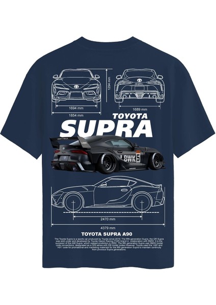 Unisex Bisiklet Yaka %100 Organik Pamuklu Kalın Dokulu Toyota Supra A90 Baskılı Oversize T-Shirt - Lacivert