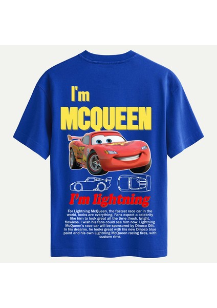 Unisex Bisiklet Yaka %100 Organik Pamuklu Kalın Dokulu Mcqueen Baskılı Oversize T-Shirt - Saks Mavisi