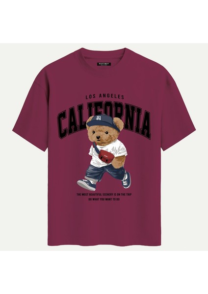 Unisex Bisiklet Yaka %100 Organik Pamuklu Kalın Dokulu California Baskılı Oversize T-Shirt - Bordo