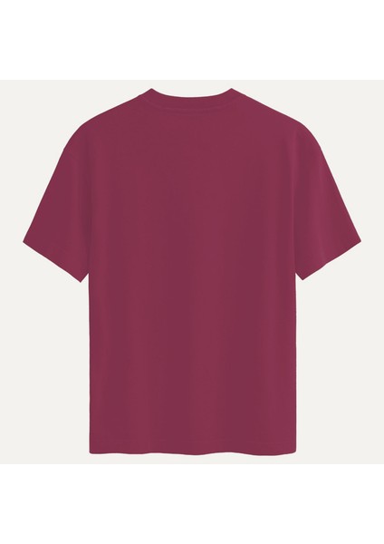 Unisex Bisiklet Yaka %100 Organik Pamuklu Kalın Dokulu California Baskılı Oversize T-Shirt - Bordo fiyatları