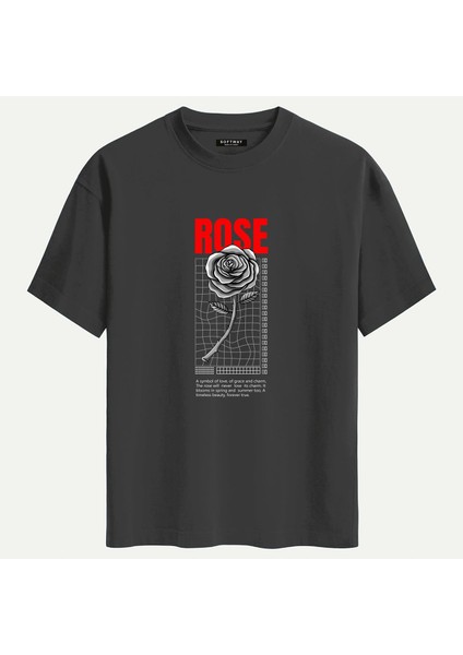 Unisex Bisiklet Yaka %100 Organik Pamuklu Kalın Dokulu Rose Baskılı Oversize T-Shirt - Füme