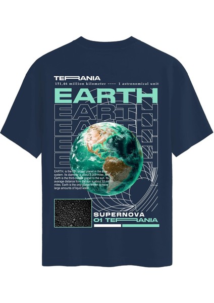 Unisex Bisiklet Yaka %100 Organik Pamuklu Kalın Dokulu Earth Baskılı Oversize T-Shirt - Lacivert