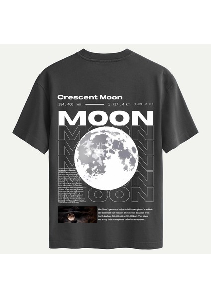 Unisex Bisiklet Yaka %100 Organik Pamuklu Kalın Dokulu Moon Baskılı Oversize T-Shirt - Füme