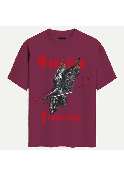 Unisex Bisiklet Yaka %100 Organik Pamuklu Kalın Dokulu Guardian Protection Baskılı Oversize T-Shirt - Bordo