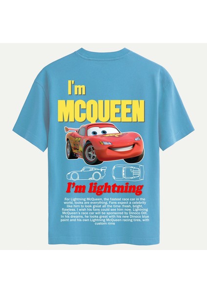 Unisex Bisiklet Yaka %100 Organik Pamuklu Kalın Dokulu Mcqueen Baskılı Oversize T-Shirt - Mavi