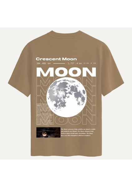 Unisex Bisiklet Yaka %100 Organik Pamuklu Kalın Dokulu Moon Baskılı Oversize T-Shirt - Açık Kahverengi