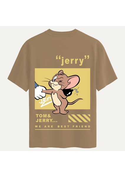 Unisex Bisiklet Yaka %100 Organik Pamuklu Kalın Dokulu Jerry Baskılı Oversize T-Shirt - Açık Kahverengi