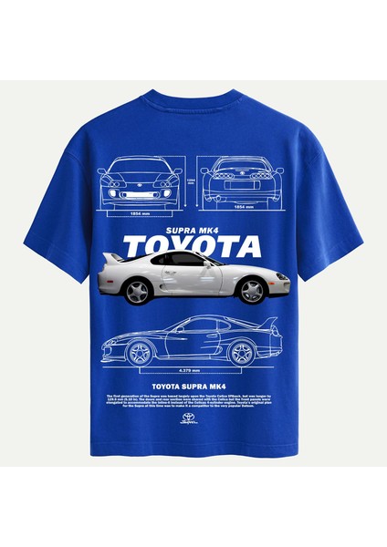 Unisex Bisiklet Yaka %100 Organik Pamuklu Kalın Dokulu Toyota Supra Mk4 Baskılı Oversize T-Shirt - Saks Mavisi