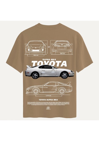 Unisex Bisiklet Yaka %100 Organik Pamuklu Kalın Dokulu Toyota Supra Mk4 Baskılı Oversize T-Shirt - Açık Kahverengi
