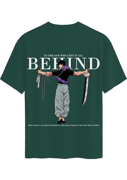 Unisex Bisiklet Yaka %100 Organik Pamuklu Kalın Dokulu Behind Baskılı Oversize T-Shirt - Koyu Yeşil