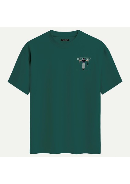 Unisex Bisiklet Yaka %100 Organik Pamuklu Kalın Dokulu Behind Baskılı Oversize T-Shirt - Koyu Yeşil fiyatları