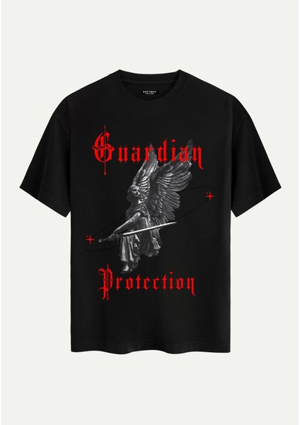 Unisex Bisiklet Yaka %100 Organik Pamuklu Kalın Dokulu Guardian Protection Baskılı Oversize T-Shirt - Siyah