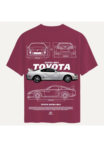 Unisex Bisiklet Yaka %100 Organik Pamuklu Kalın Dokulu Toyota Supra Mk4 Baskılı Oversize T-Shirt - Bordo