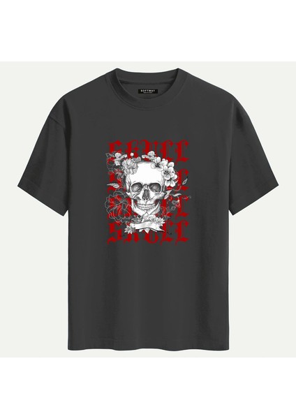 Unisex Bisiklet Yaka %100 Organik Pamuklu Kalın Dokulu Skull Baskılı Oversize T-Shirt - Füme
