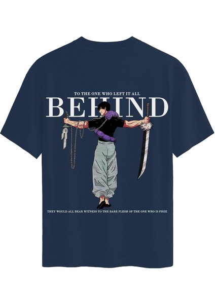 Unisex Bisiklet Yaka %100 Organik Pamuklu Kalın Dokulu Behind Baskılı Oversize T-Shirt - Lacivert