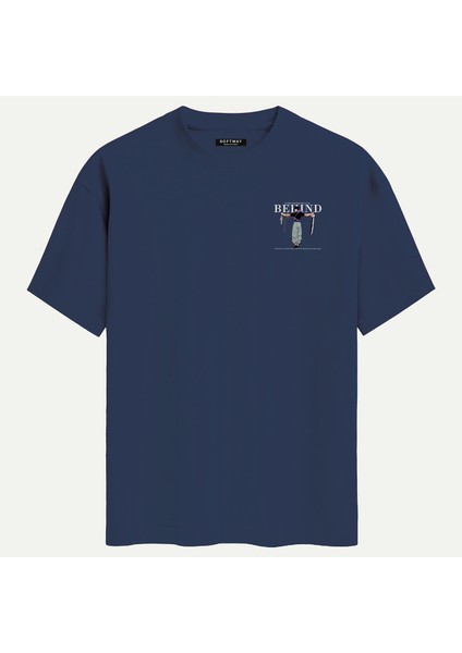 Unisex Bisiklet Yaka %100 Organik Pamuklu Kalın Dokulu Behind Baskılı Oversize T-Shirt - Lacivert fiyatları