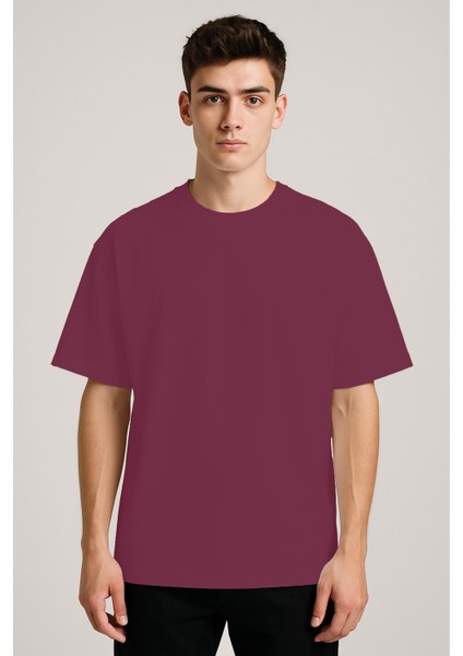 Unisex Bisiklet Yaka %100 Organik Pamuklu Kalın Dokulu Düz Oversize T-Shirt - Bordo indirimleri