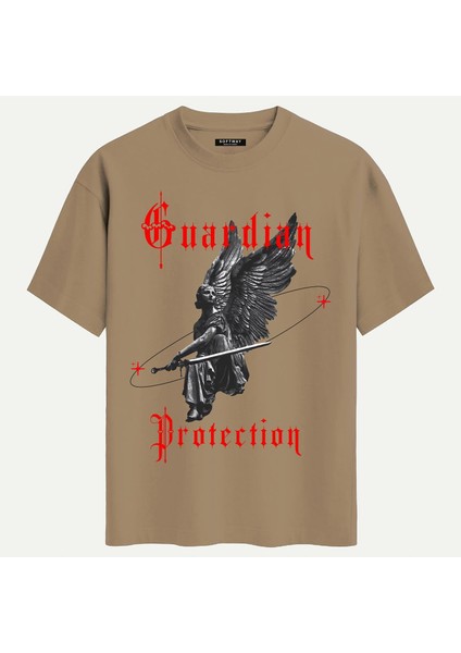 Unisex Bisiklet Yaka %100 Organik Pamuklu Kalın Dokulu Guardian Protection Baskılı Oversize T-Shirt - Açık Kahverengi