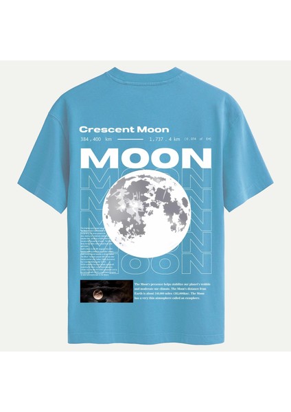 Unisex Bisiklet Yaka %100 Organik Pamuklu Kalın Dokulu Moon Baskılı Oversize T-Shirt - Mavi