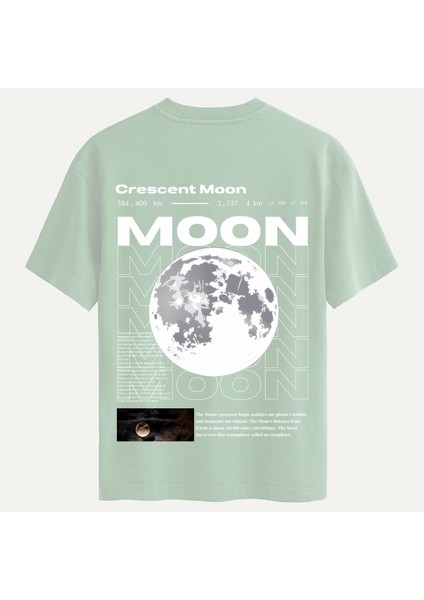 Unisex Bisiklet Yaka %100 Organik Pamuklu Kalın Dokulu Moon Baskılı Oversize T-Shirt - Bej