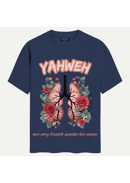 Unisex Bisiklet Yaka %100 Organik Pamuklu Kalın Dokulu Yahweh Baskılı Oversize T-Shirt - Lacivert