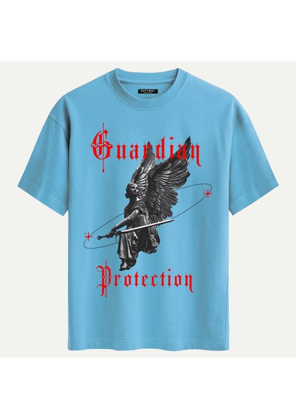 Unisex Bisiklet Yaka %100 Organik Pamuklu Kalın Dokulu Guardian Protection Baskılı Oversize T-Shirt - Mavi