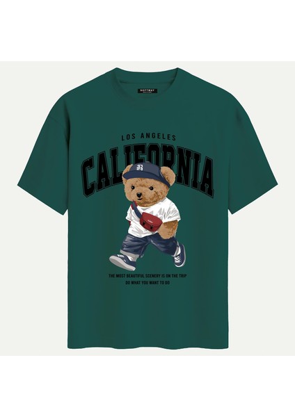 Unisex Bisiklet Yaka %100 Organik Pamuklu Kalın Dokulu California Baskılı Oversize T-Shirt - Koyu Yeşil