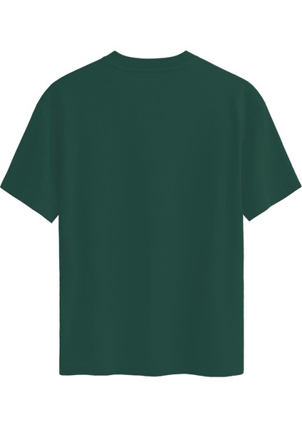 Unisex Bisiklet Yaka %100 Organik Pamuklu Kalın Dokulu California Baskılı Oversize T-Shirt - Koyu Yeşil fiyatları