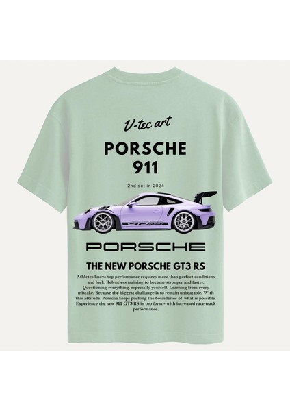 Unisex Bisiklet Yaka %100 Organik Pamuklu Kalın Dokulu Porsche 911 Baskılı Oversize T-Shirt - Bej